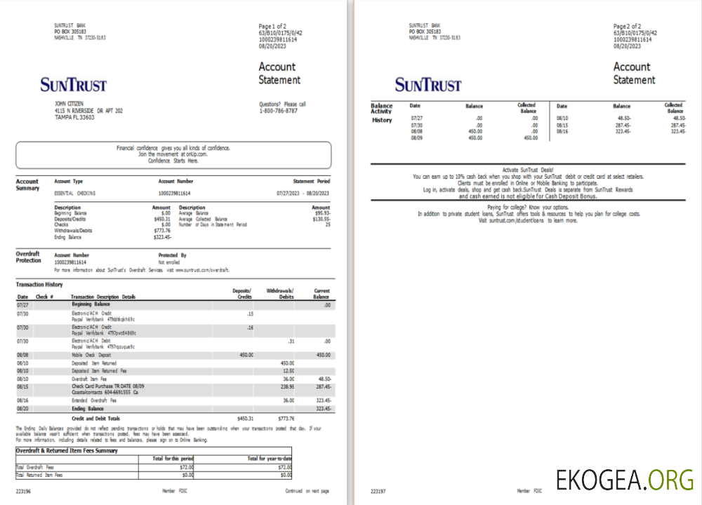 Modèle Word et PDF de relevé de compte bancaire USA Suntrust, 2 pages scr